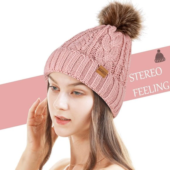 Womens Winter Warm Fleece Lined Knitted Soft Ski Cuff Beanie Hat with Pom Pom main image 4